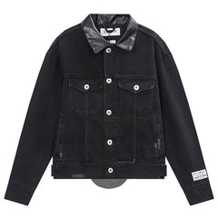 Leather Collar Long Sleeve Denim Jacket