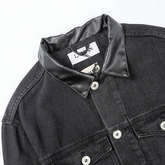 Leather Collar Long Sleeve Denim Jacket